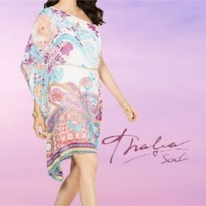 Thalia Sodi One-Shoulder Chiffon Scarf Dress White/Multi Paisley S NEW‎